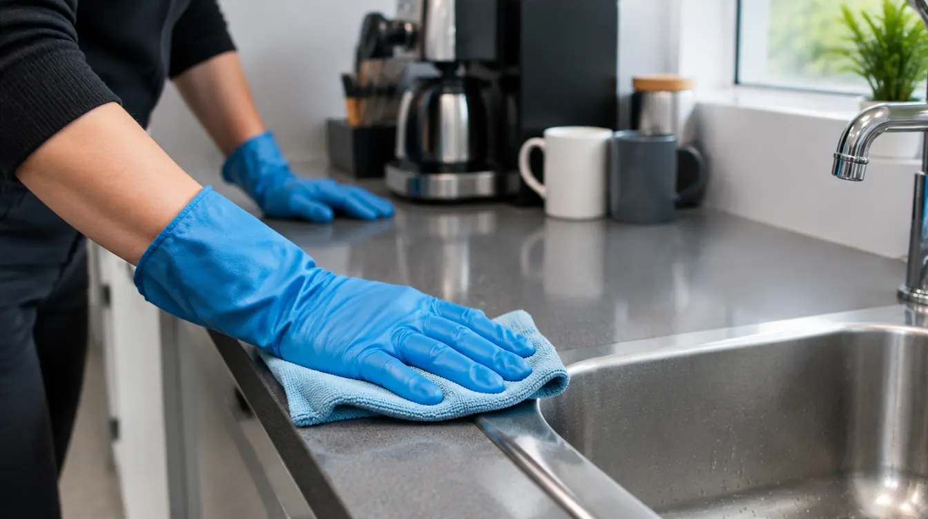 Hände in Handschuhen reinigen die Arbeitsfläche einer Teeküche bei der Büroreinigung in Bochum