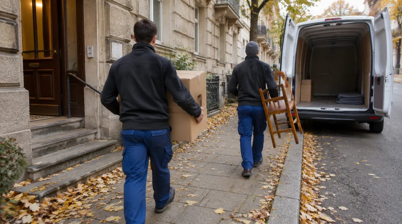 Wohnungsauflösung bei der Entrümpelung in Dortmund: Helfer tragen Kartons zu einem Transporter vor einem Altbau