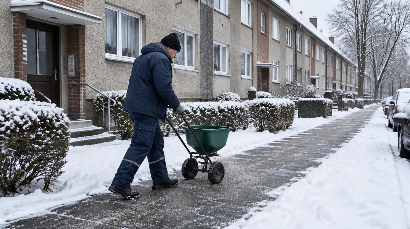 Winterdienst in Castrop-Rauxel: Gehweg vor einem Wohnhaus wird mit Splitt gestreut