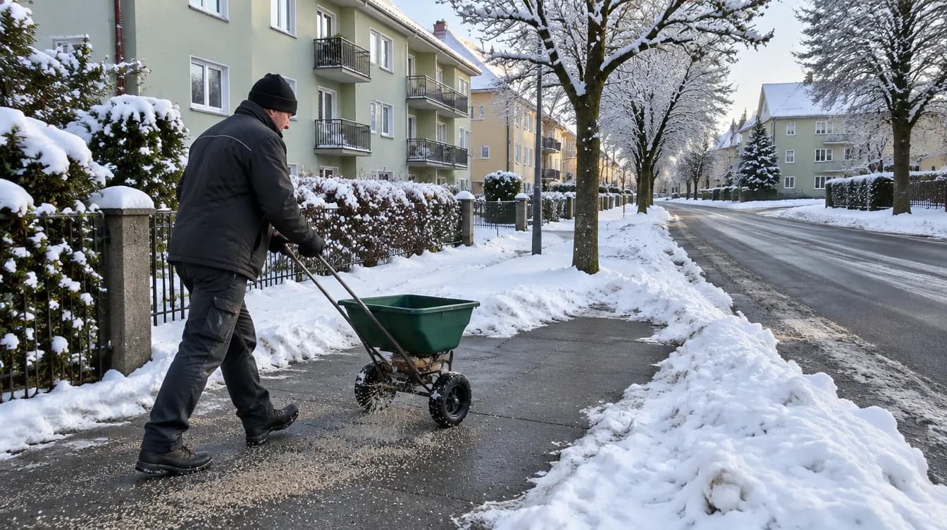 Winterdienst als Teil der Gebäudereinigung Dorsten: geräumter Gehweg vor Mehrfamilienhäusern wird am frühen Morgen mit Splitt gestreut