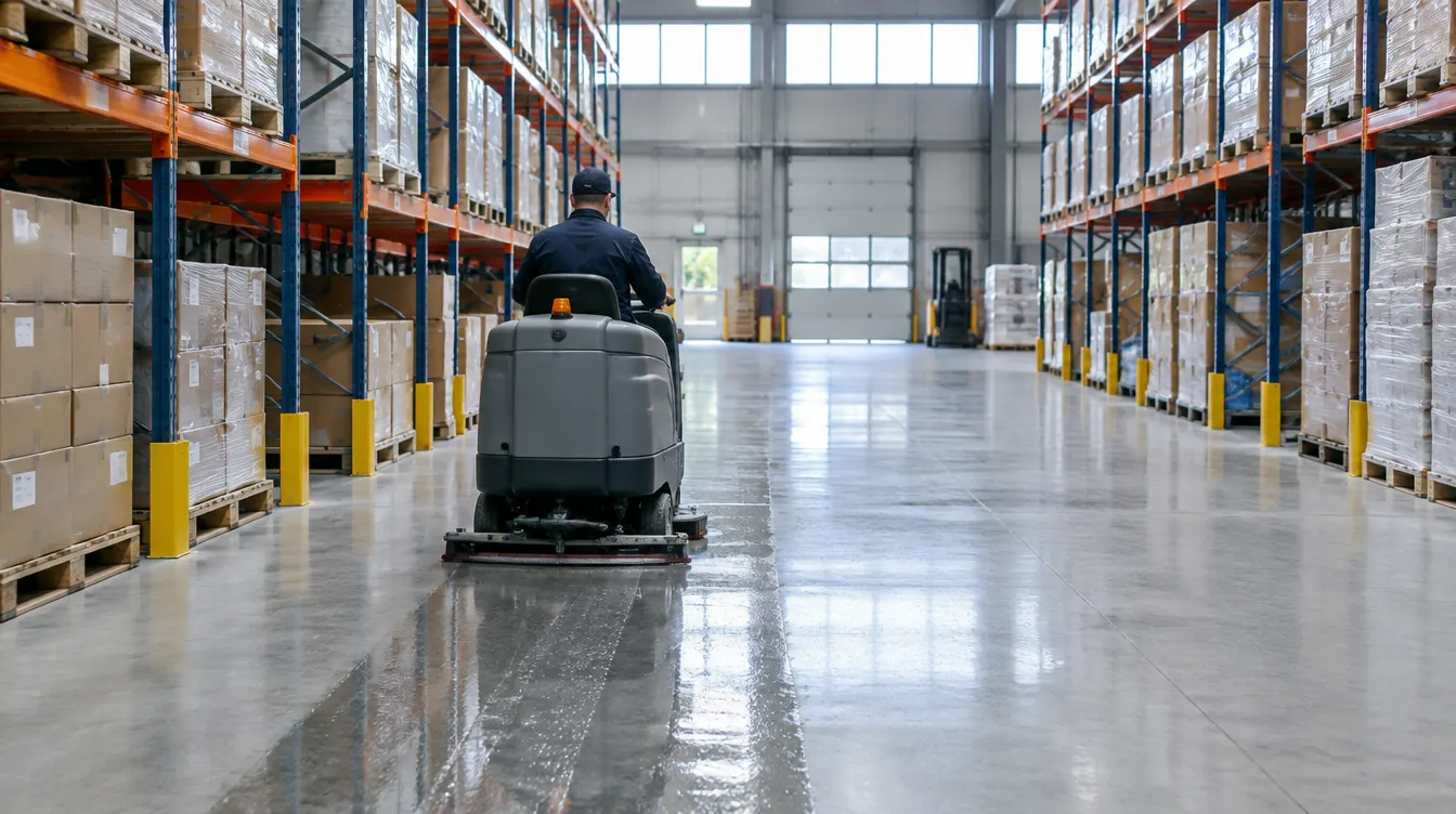 Gebäudereinigung Dorsten in der Logistikhalle: Reinigungskraft fährt mit einer Scheuersaugmaschine über den Hallenboden zwischen Hochregalen