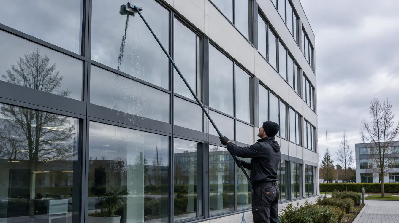 Glasreinigung als Teil der Gebäudereinigung in Dortmund: Fensterreiniger an der Glasfront eines modernen Bürogebäudes
