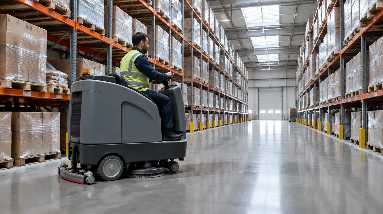 Hallenreinigung für einen Logistikbetrieb in Herne mit einer Scheuersaugmaschine