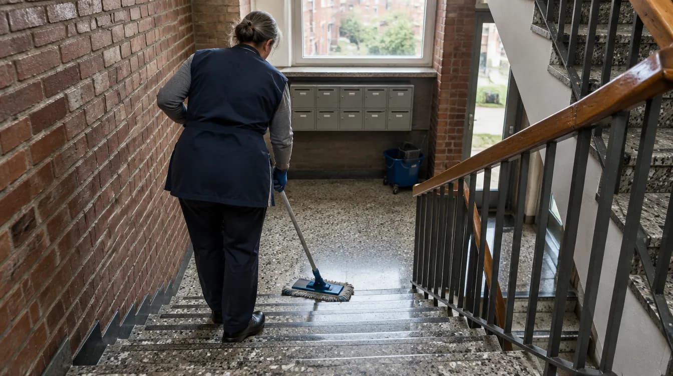 Gebäudereinigung in Herne: Reinigungskraft wischt das Treppenhaus eines Mehrfamilienhauses