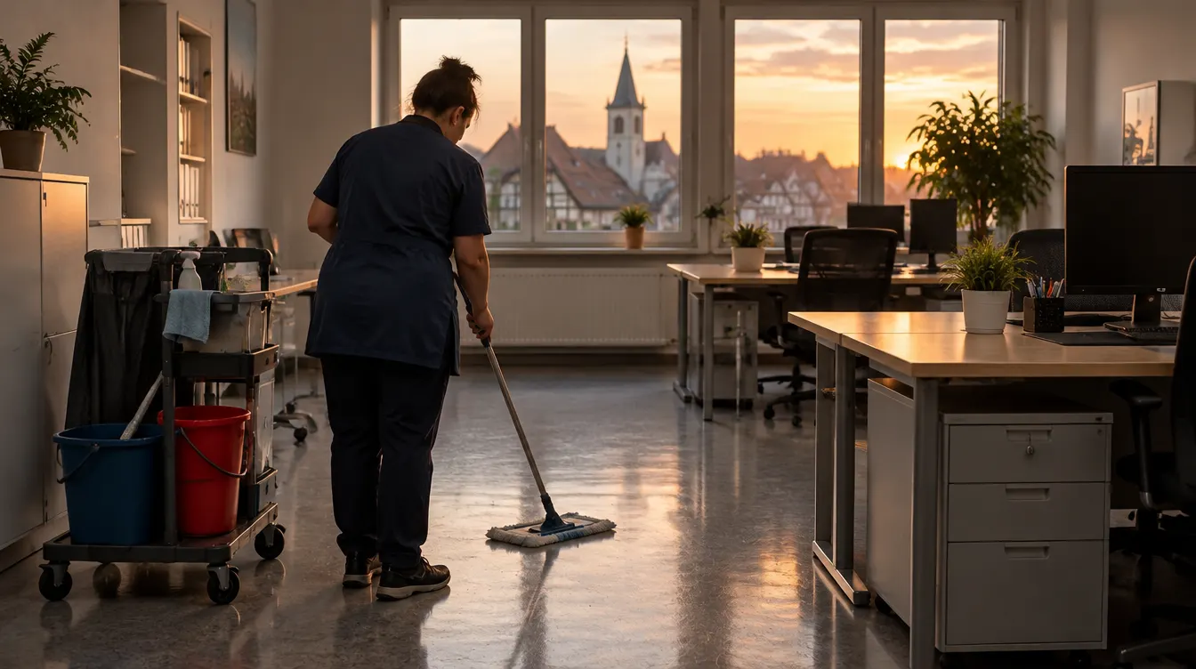 Gebäudereinigung in Lüdinghausen: Reinigungskraft wischt am Abend den Boden eines Büros neben dem Reinigungswagen