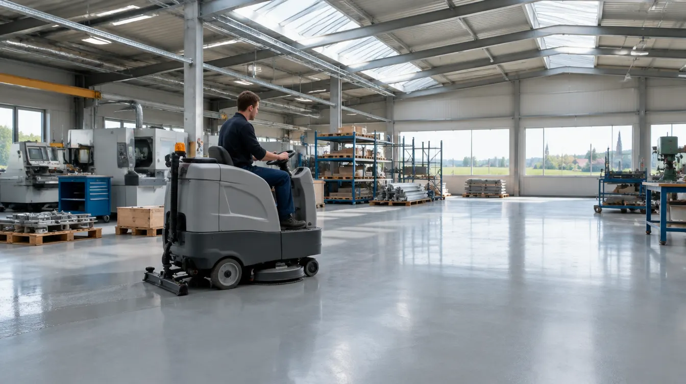 Reinigung einer Gewerbehalle mit Scheuersaugmaschine im Münsterland