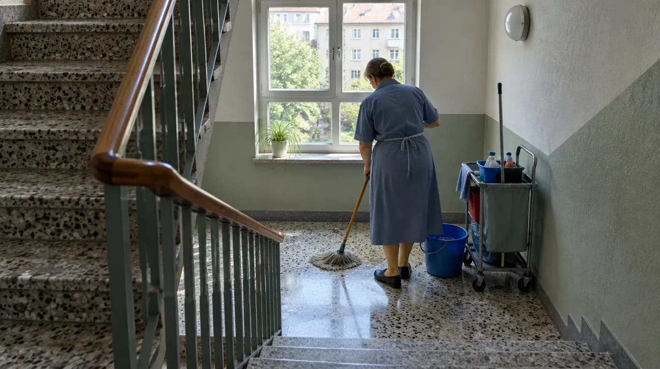 Gebäudereinigung in Lünen: Reinigungskraft wischt das Treppenhaus eines älteren Mehrfamilienhauses mit Terrazzostufen