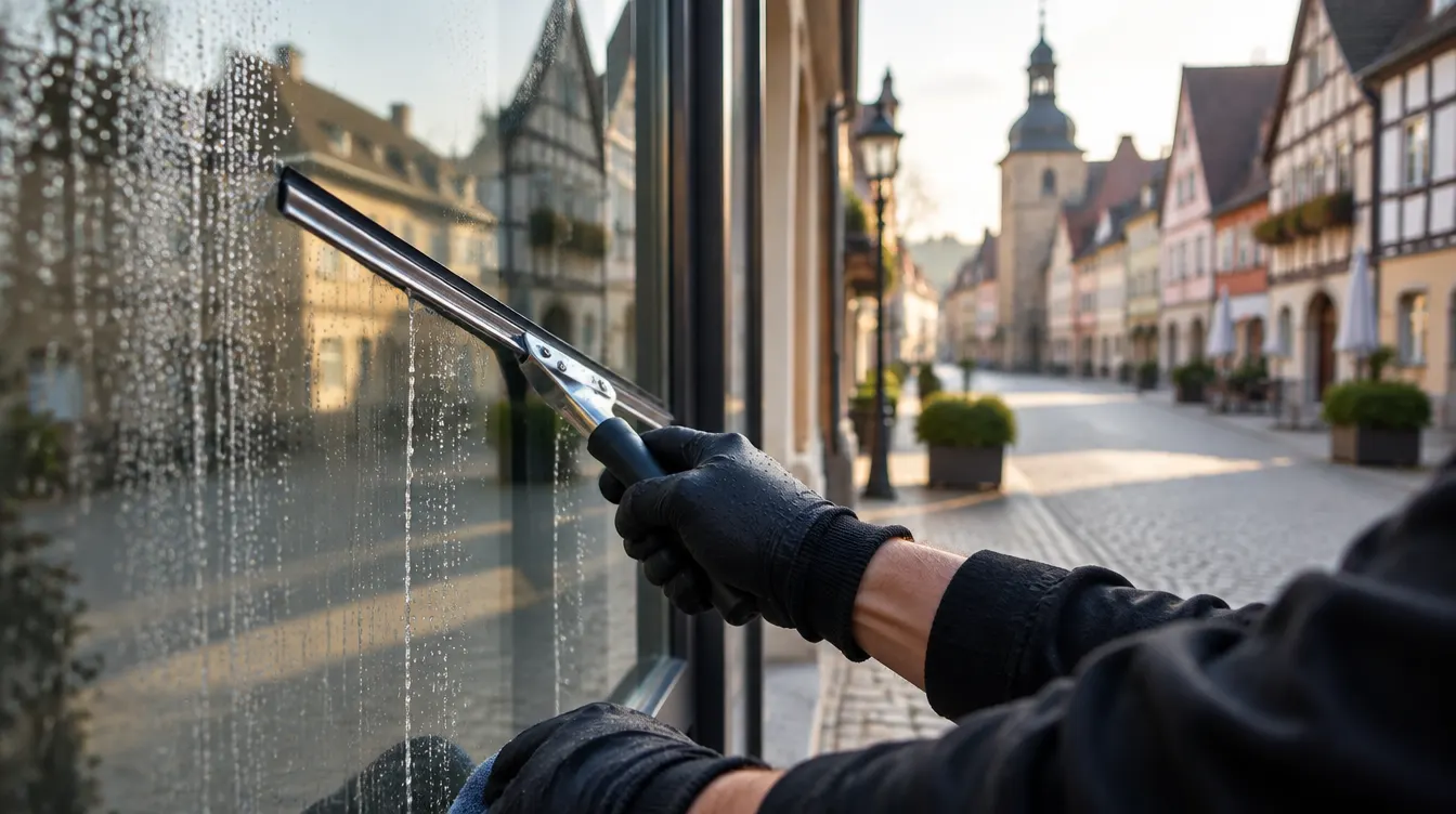 Glasreinigung als Teil der Gebäudereinigung Recklinghausen: Schaufenster eines Geschäfts in einer Fußgängerzone wird mit Abzieher gereinigt