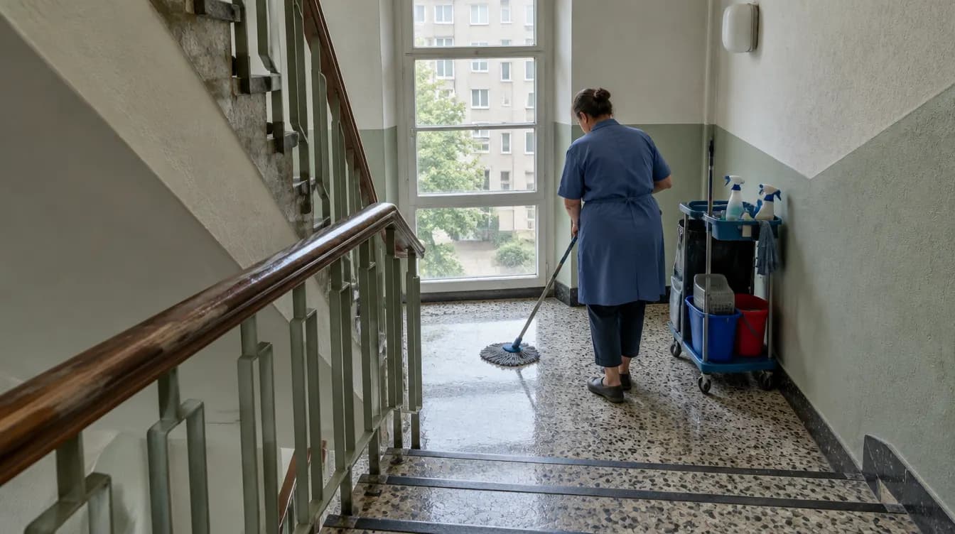 Gebäudereinigung Recklinghausen: Reinigungskraft wischt die Terrazzostufen im Treppenhaus eines Mehrfamilienhauses aus den 1950er Jahren