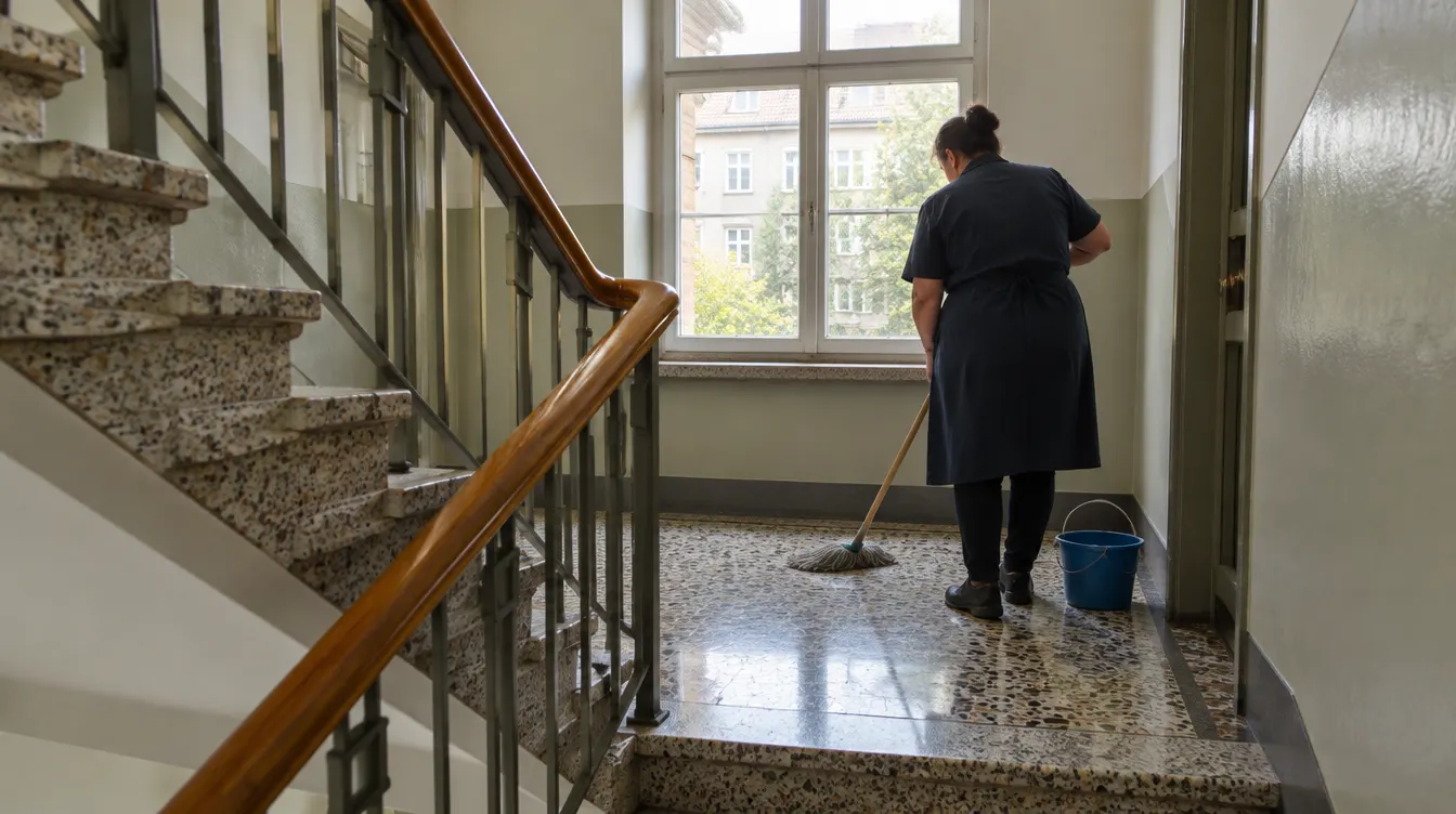 Treppenhaus eines älteren Mehrfamilienhauses wird gewischt, Gebäudereinigung Schwerte