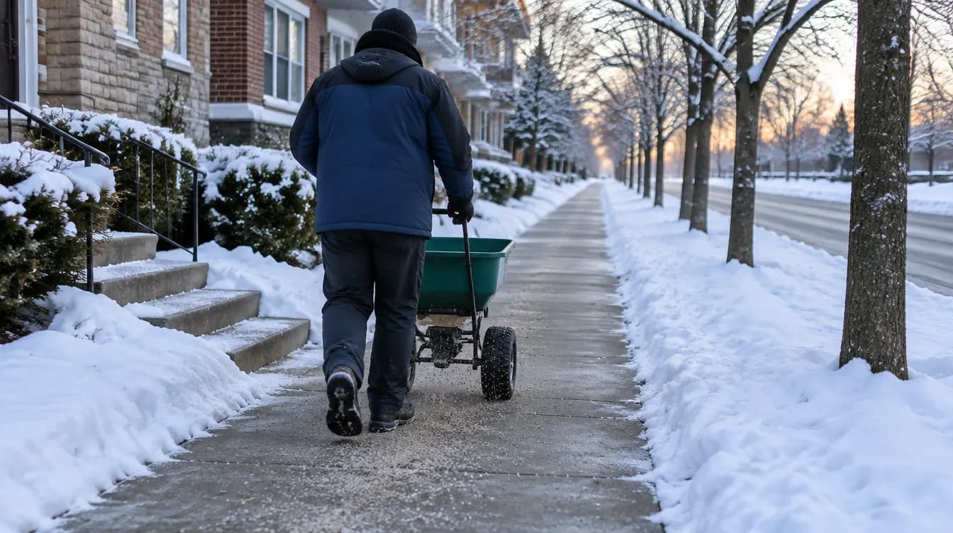 Winterdienst auf einem geräumten Gehweg vor einem Wohnhaus, Gebäudereinigung Schwerte