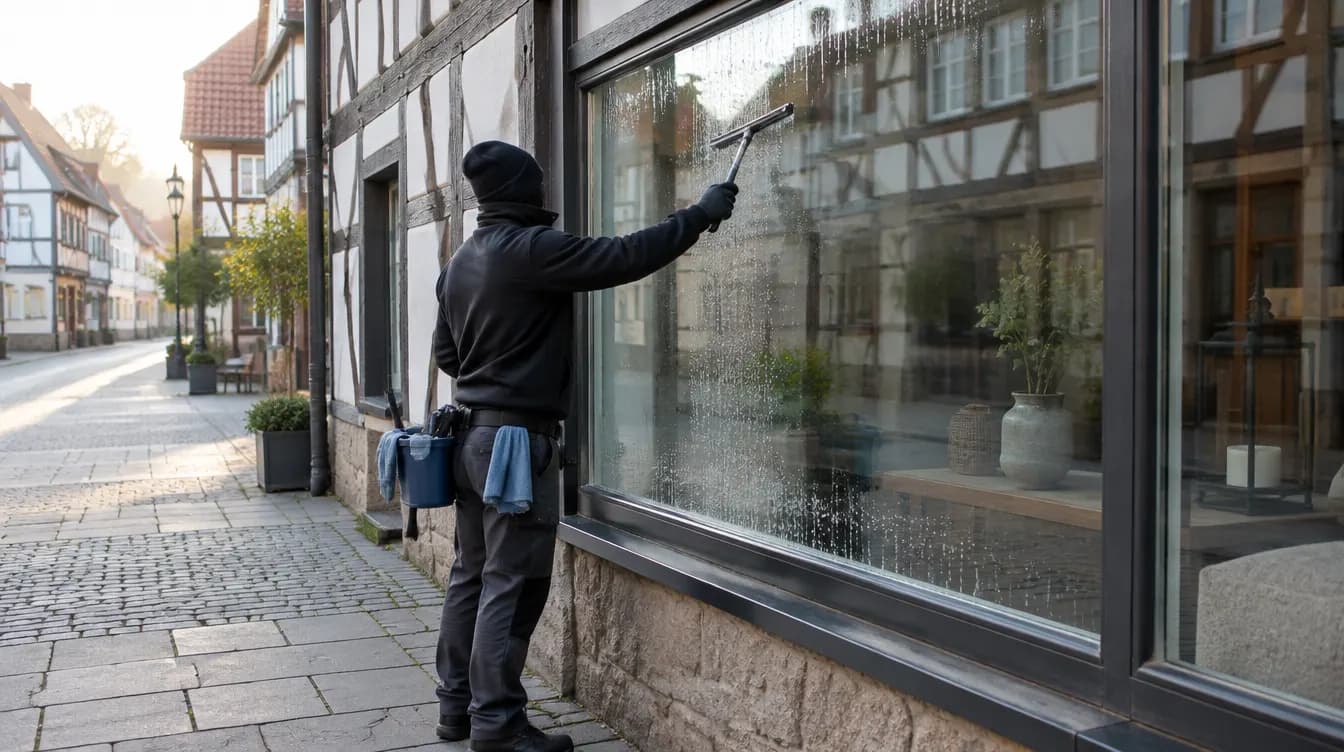 Schaufenster eines Ladens im Fachwerkhaus wird gereinigt, Gebäudereinigung Unna in der Fußgängerzone