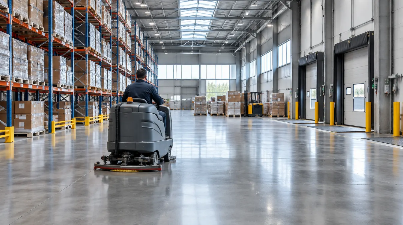 Gebäudereinigung Unna: Reinigungskraft fährt mit einer Scheuersaugmaschine durch eine Logistikhalle