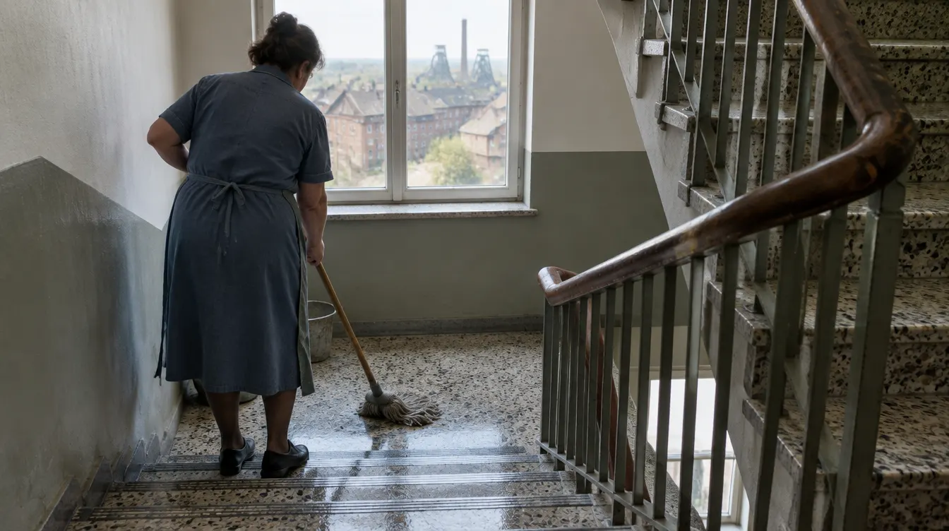 Gebäudereinigung Witten: Reinigungskraft wischt die Terrazzostufen im Treppenhaus eines älteren Mehrfamilienhauses