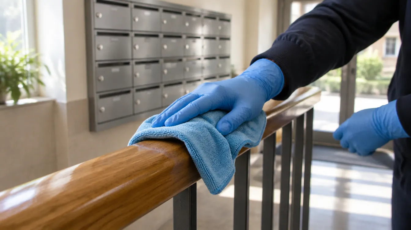 Hände mit Handschuhen wischen den Handlauf im Eingangsbereich eines Mehrfamilienhauses ab, Briefkästen im Hintergrund